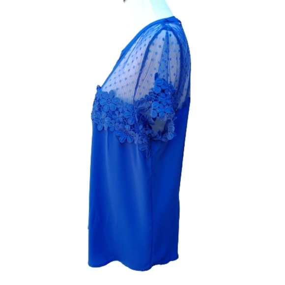 Angela Plus Blue Blouse Illusion Neckline Lace Polka-Dots NWT - Picture 6 of 9
